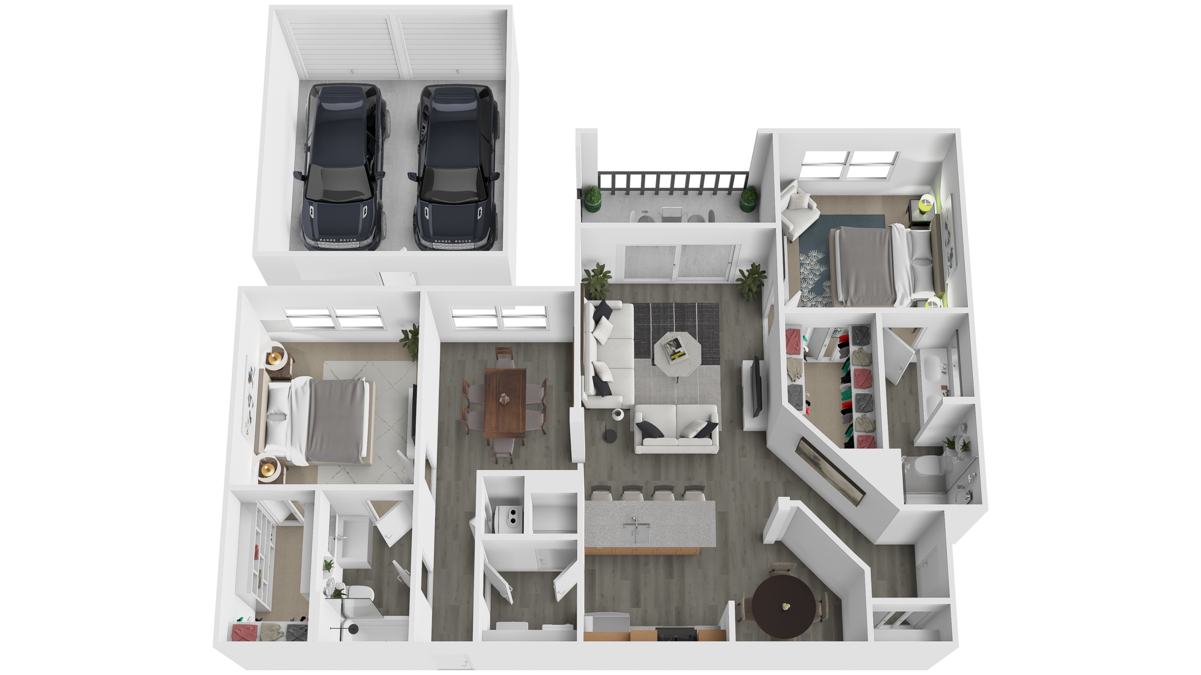 A cutaway diagram of a house showing the layout of the rooms.